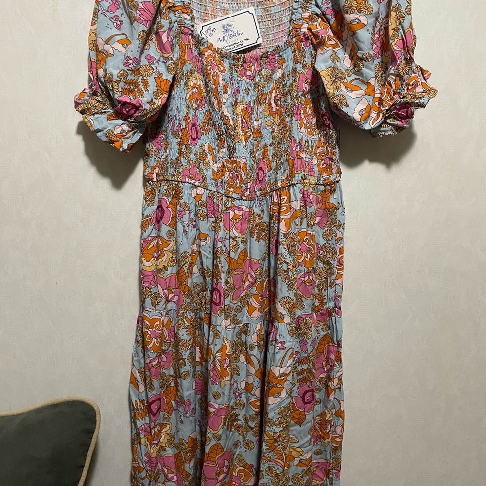 Smocked Puff Sleeve Floral Maxi Dress - Pink  on Light Blue